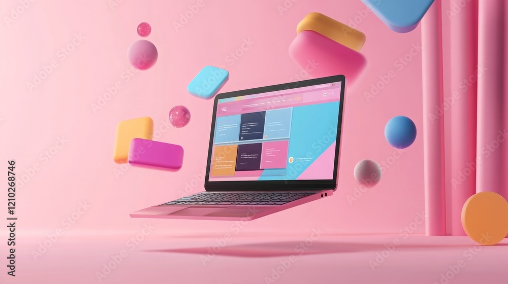 Aufkleber a pink laptop hovers in mid-air, showcasing various colorful application icons against a soft pastel