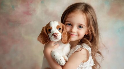 A cheerful girl holding a playful spaniel puppy, standing in front of a soft pastel background