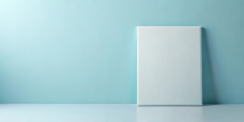 Blank canvas leaning against a pale blue wall.  A simple, minimalist display perfect for showcasing artwork or design.