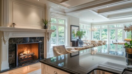 Fototapeta premium Stylish home interior with a marble fireplace, black granite countertops in the kitchen, and elegant, modern furnishings for a luxurious feel.