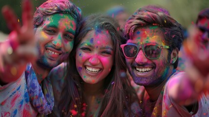 Obraz premium Group Of Friends Celebrating Holi With Laughter