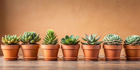 Fototapeta premium A row of succulents in terracotta pots on a wooden surface against a muted orange background.