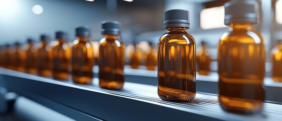 A series of amber glass bottles arranged in a row, likely on a conveyor belt in a production or packaging facility.