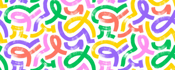 Colorful playful labyrinth seamless pattern with bold squiggles. Brush drawn messy curved lines. Messy doodles, wavy and curly lines, maze motif. Creative abstract banner design in kid's style.