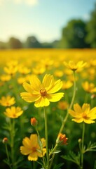 Obraz premium Yellow cosmos blooms scattered across the field, agriculture, cosmos, sunlight