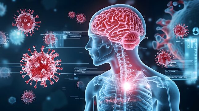 Detailed 3D showcasing the effects of viral meningitis and encephalitis on the human brain with visuals of the affected regions and virus particles in a professional medical setting