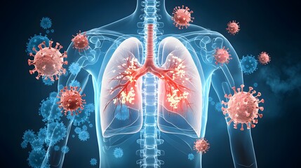 Anatomical X Ray Style of Human Body Highlighting Lungs with Red COVID 19 Virus Particles Surrounded by Blue Gradient Medical Design