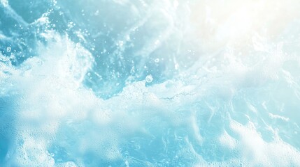 Transparent blue water texture with gentle waves, bubbles, and splashes in sunlight, ideal for skincare product banners with copy space.