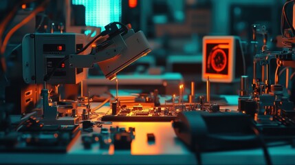 Automated robotic arm soldering a circuit board in a high tech factory, illuminated by orange and teal lights, showcasing advanced manufacturing technology