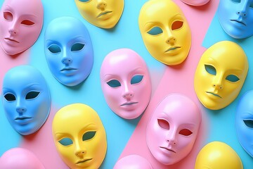 Colorful plastic masks on pastel background with vibrant blue, pink, yellow tones