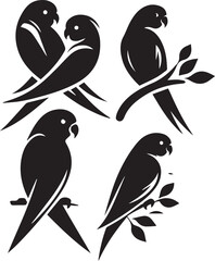 lovebird silhouette, lovebird vector, resting bird poses, bird sitting illustration, black and white lovebird,