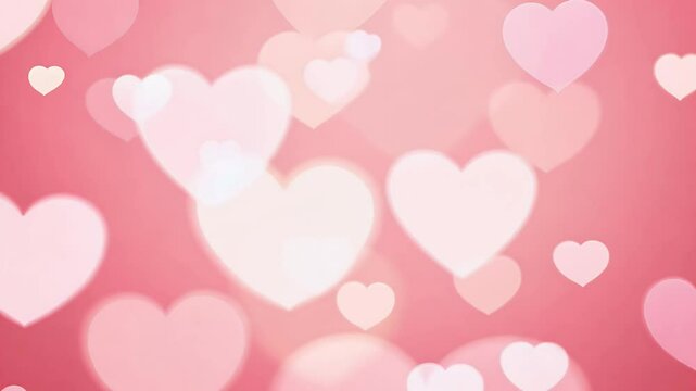 dreamy animation of softly glowing pink heart shaped bokeh particles floating across the screen in a seamless video 10 second loop for romantic visuals