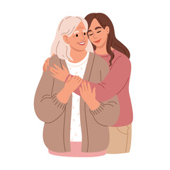 Heartwarming moment when An adult daughter is hugging her elderly mother.