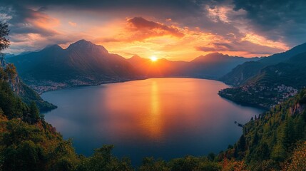 Sunset Panorama over Mountain Lake