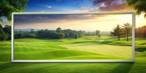 Fototapeta premium Serene golf course landscape framed in a minimalist white border, showcasing a picturesque sunset over rolling hills and lush greens