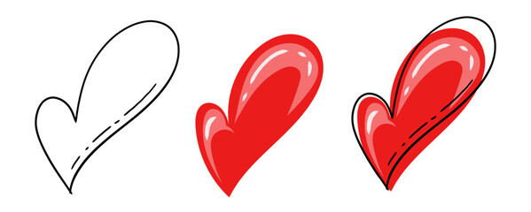vector heart shape icon, Red and black heart icons set, Different simple vector hearts, linear heart in doodle style, overlapping lines, 