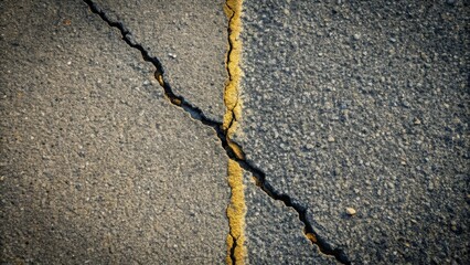 Obraz premium A large crack in asphalt bisected by a faded yellow line, symbolizing division or infrastructure damage