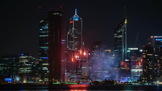 Fireworks timelapse of Perth City, Western Australia at night in front of Elizabeth Quay