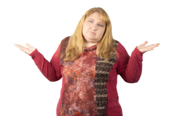 Confused Woman Shrugging with Hands Raised
