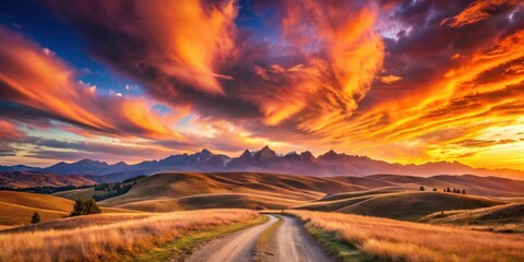 Naklejka premium Serene Sunset Over Rolling Hills and Majestic Mountains