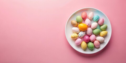 Obraz premium Pastel Decorated Eggs on Plate for Spring Celebration
