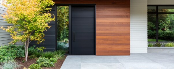 Fototapeta premium A modern entrance featuring sleek black doors, wooden paneling, and vibrant greenery, creating an inviting and contemporary aesthetic.