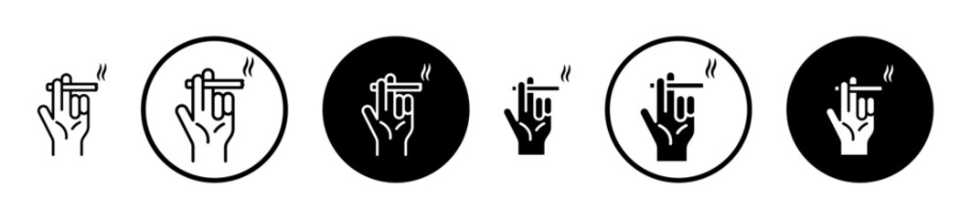 Hand holding cigarette icon set in black filled and stroke line style.