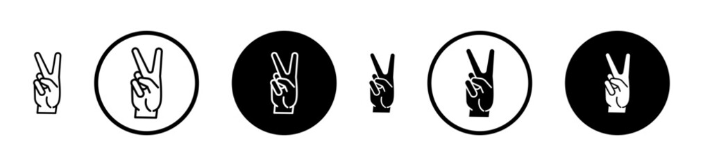 Hand peace icon set in black filled and stroke line style.