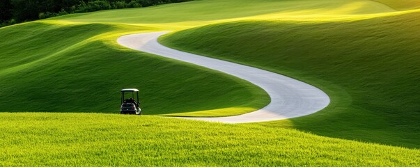A serene golf course scene featuring a winding path through lush green hills, with a golf cart parked nearby under warm sunlight.
