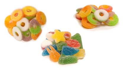 Assorted gummy candies isolated on a white background. Top view.