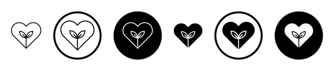 Leaf heart icon set in black filled and stroke line style.