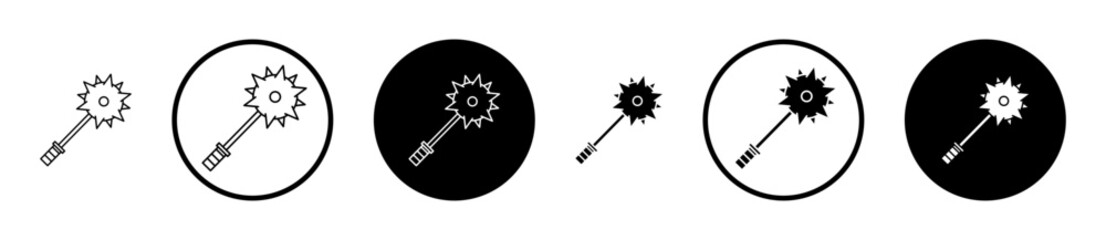 Mace icon set in black filled and stroke line style.