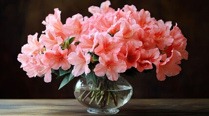 A beautifully arranged bouquet of pink azalea flowers placed on a wooden table.