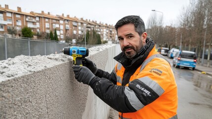 Fototapeta premium Man drills into wall to secure core sample in his house, showcasing home improvement work and renovation efforts in progress