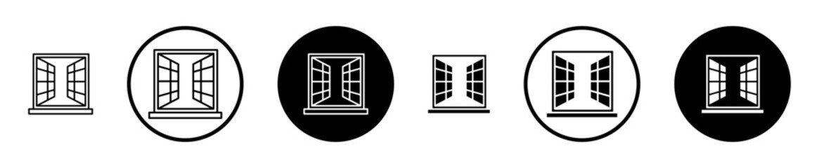 Open window icon set in black filled and stroke line style.