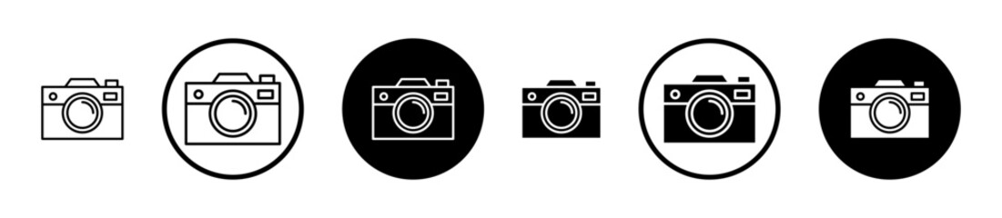 Retro camera icon set in black filled and stroke line style.