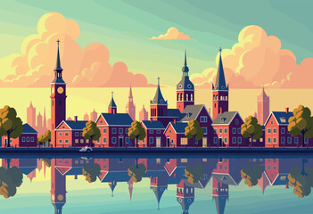 Amsterdam Canal with Historic Clock Tower and Bridges