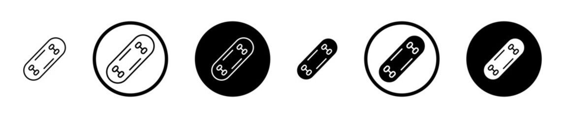 Skateboard icon set in black filled and stroke line style.
