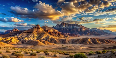Golden Hour Desert Landscape Dramatic Mountain Range and Rolling Sand Dunes Under a Vivid Sky