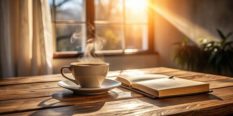 Warm morning sunlight streams through a window, illuminating a steaming cup of coffee and an open book resting on a rustic wooden table.