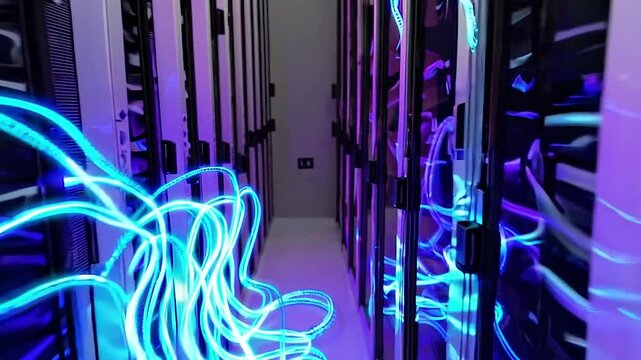 High-speed digital flows of information traverse advanced data servers and complex networks in the secure server room of an innovative Internet service provider and data hub