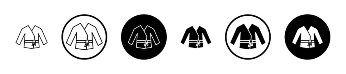 Uniform martial art icon set in black filled and stroke line style. © Ranveer
