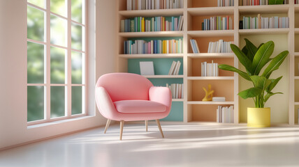 A cozy reading nook featuring a pastel pink chair, a vibrant bookshelf, and a green plant by a sunlit window.