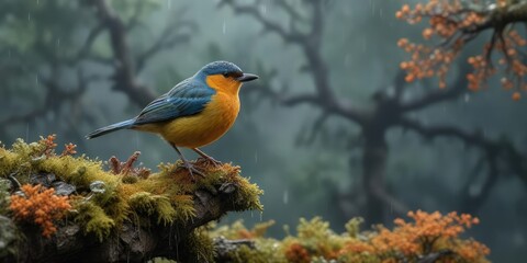 Bird perched on lichen covered branch with rain falling around it, bird species, leafy branch