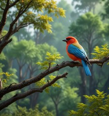 Bird perched on a tree branch overlooking a serene forest, forest canopy, avian
