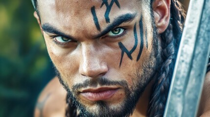 Fototapeta premium Intense Warrior with Tribal Tattoos and Sword in Forest Setting
