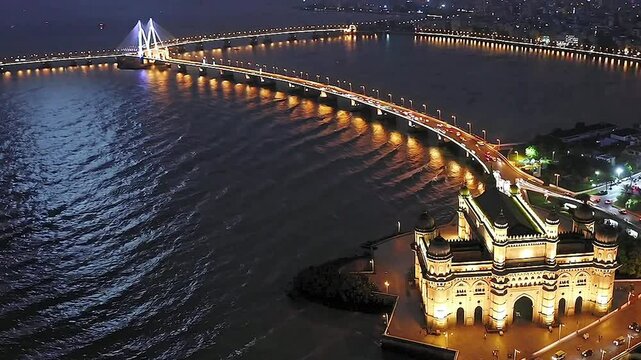 Nighttime Drone View of Mumbai, Illuminated Landmarks, Vibrant Marine Drive, and the Majestic Bandra-Worli Sea Link