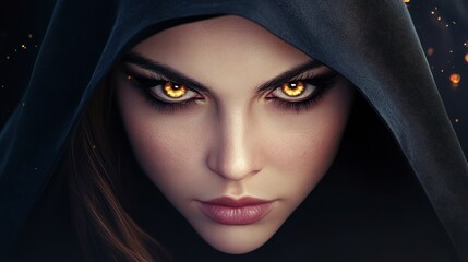 Naklejka premium Mysterious Woman with Striking Eyes in Dark Hooded Cloak