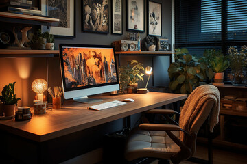modern home office featuring sleek design minimalist decor vibrant green plants, cozy lighting and creative workspace that blends nature  luxury for productivity style.