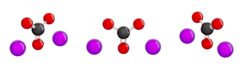 Molecule of Sodium carbonate. Set of views. Molecular formula: Na2CO3. Chemical model: Ball and stick. Isolated. Transparent background. PNG. 3D illustration